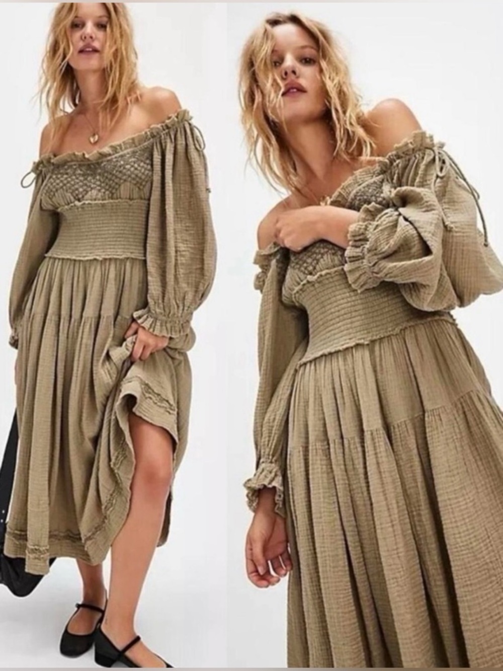Free People Toledo midi dress off the shoulder smocked embroidered green tie